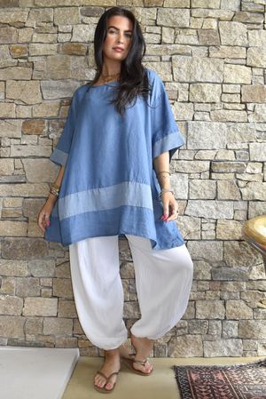 Washed Chambray Panel Longline Top Mid